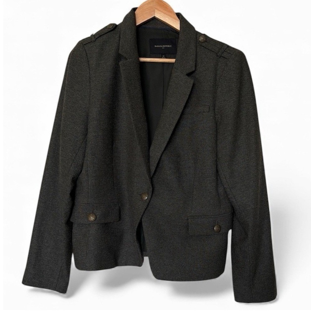 Banana Republic Blazer Womens 14 Wool Blend Military Olive Green Crest EUC